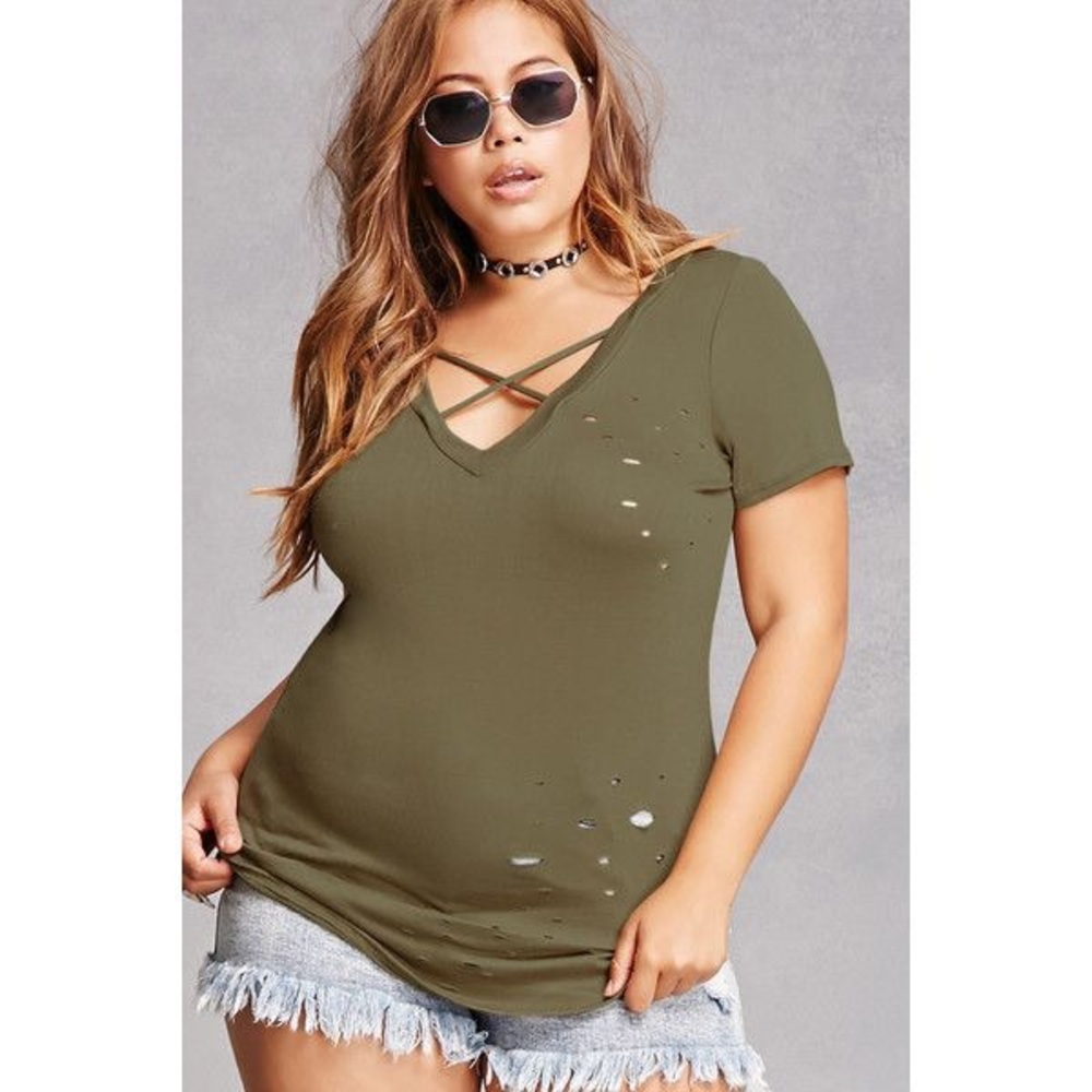 F21+ Distressed V-Neck Tee